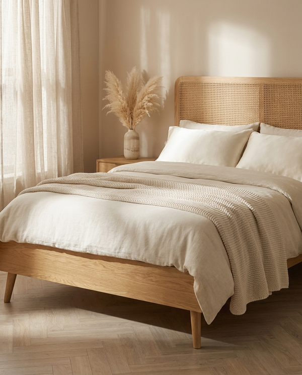 Lit Double ELARA 160×200 cm - Tête de Lit en Cannage Rotin, Sommier Inclus