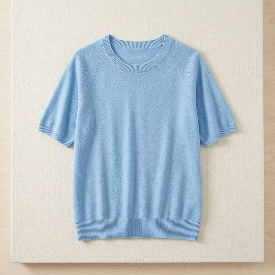 Pull en laine mérinos 100% col rond manches courtes femme - coloris Bleu Clair | StudioSoie