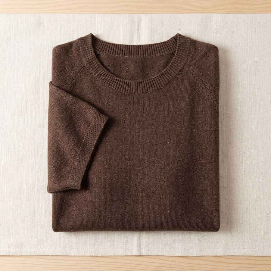 Pull en laine mérinos 100% col rond manches courtes femme - coloris Moka | StudioSoie