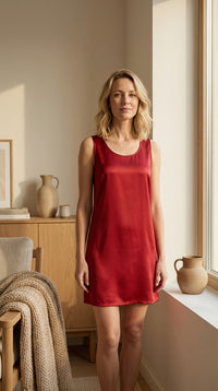Mini Robe en Soie de Mûrier 100 % — Col Rond Unie 7 Coloris Femme — silhouette entière | StudioSoie
