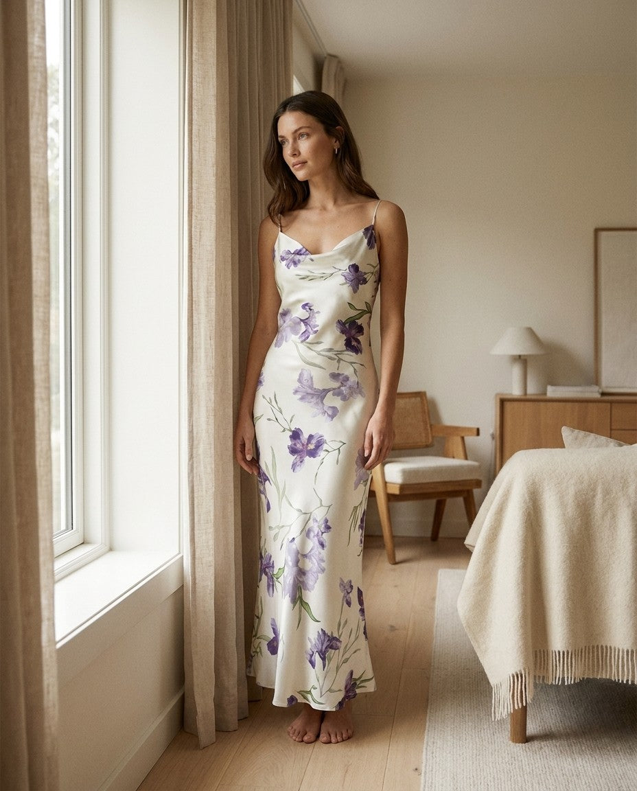 Robe longue en soie de mûrier coupe biais imprimé floral — vue principale | StudioSoie