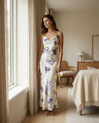 Robe longue en soie de mûrier coupe biais imprimé floral — vue principale | StudioSoie