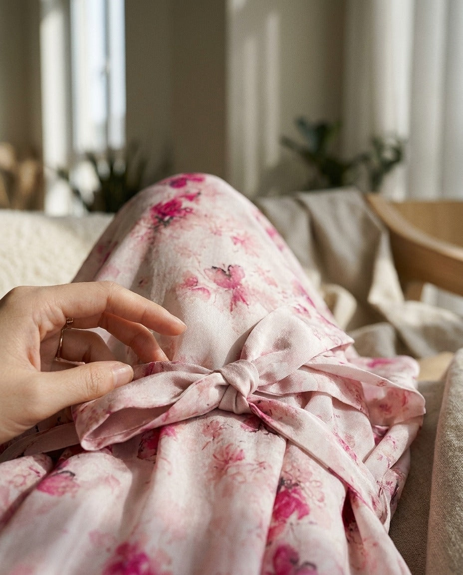 Robe Longue en Soie de Mûrier — Col Officier Ceinturée Fleurs de Cerisier Femme — gros plan sur la matière | StudioSoie