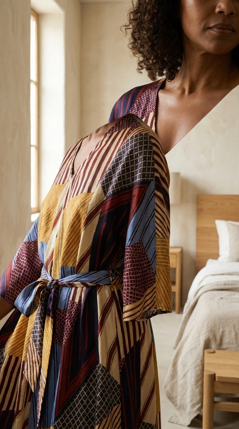 Robe Mi-Longue en Soie de Mûrier 100 % — Col V Ceinturée Imprimé Patchwork Femme — détail du décolleté | StudioSoie