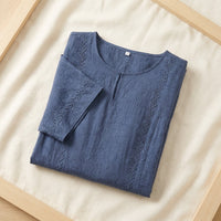 Robe Longue en Soie & Lin — Col Rond Manches Courtes Coupe A Femme - coloris bleu-ardoise | StudioSoie