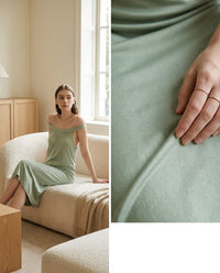 Robe Mi-Longue en Maille de Soie — Dos Nu Épaules Dénudées Femme — gros plan sur la matière | StudioSoie