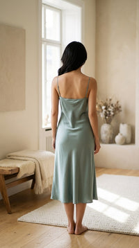 Robe mi-longue en soie de mûrier col drapé — vue de dos | StudioSoie