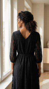 Robe en Soie de Mûrier 100 % — Col V Manches 3/4 Brodée Noire Femme — vue de dos | StudioSoie