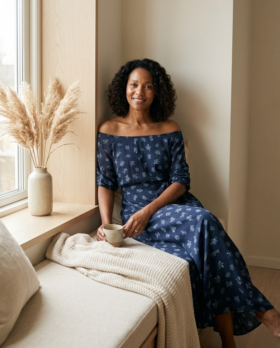 Robe Longue en Double Georgette de Soie — Épaules Dénudées Ceinturée Femme — portée en intérieur | StudioSoie