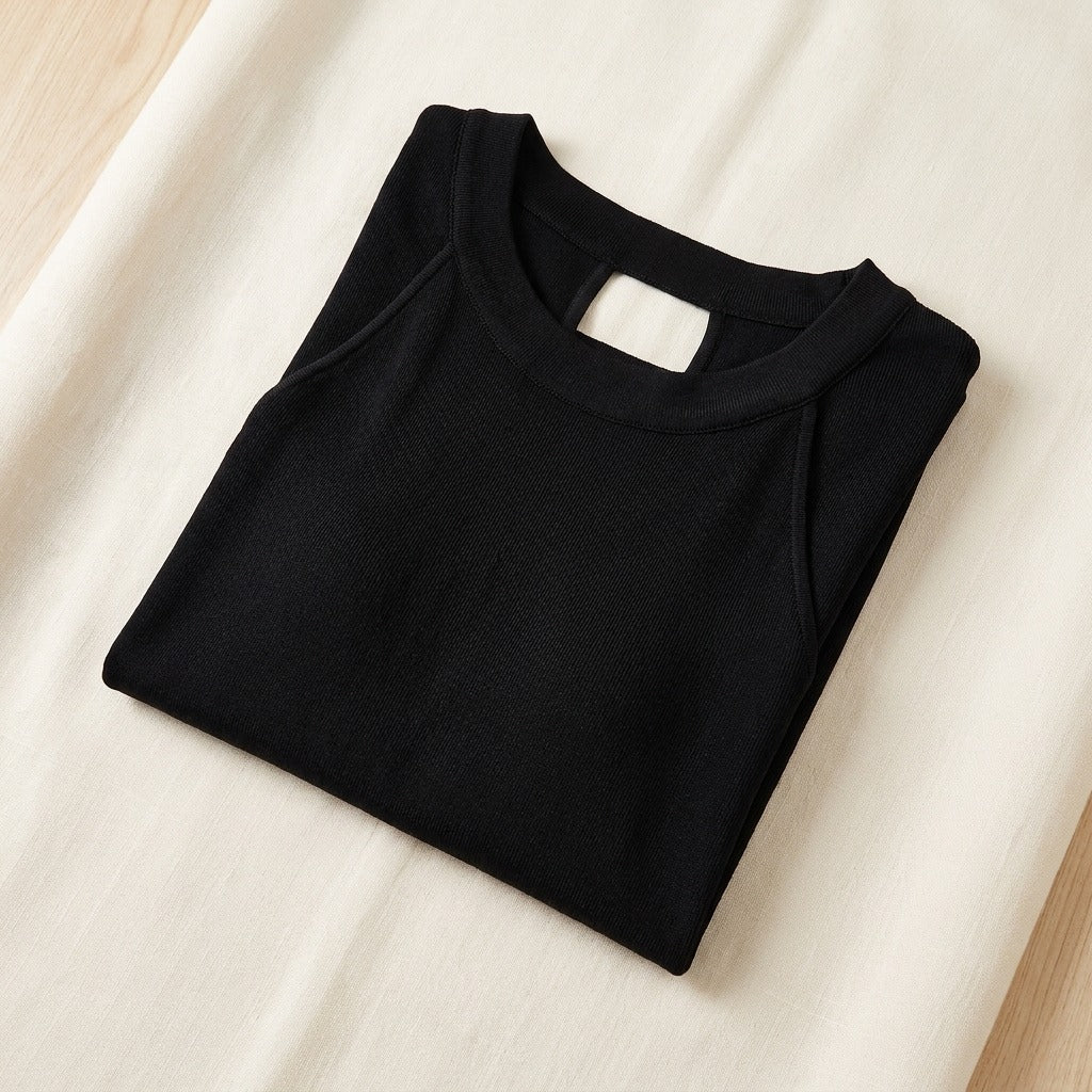 Robe Mi-Longue en Maille de Soie — Dos Nu Épaules Dénudées Femme - coloris noir | StudioSoie