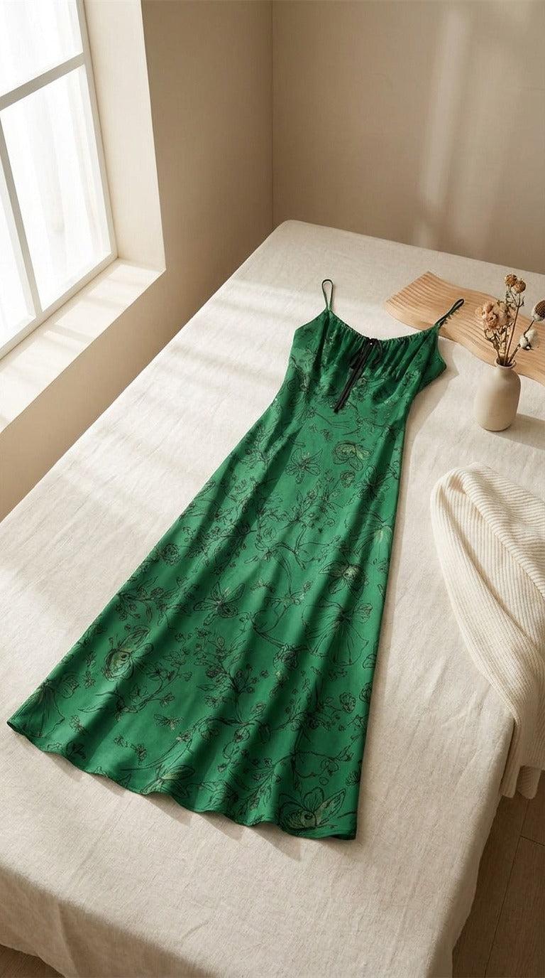 Robe Longue en Soie de Mûrier 100 % — Coupe Biais Imprimée Verte Femme — à plat sur lin | StudioSoie