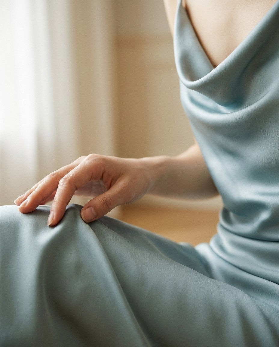 Robe mi-longue en soie de mûrier col drapé — détail de la matière | StudioSoie