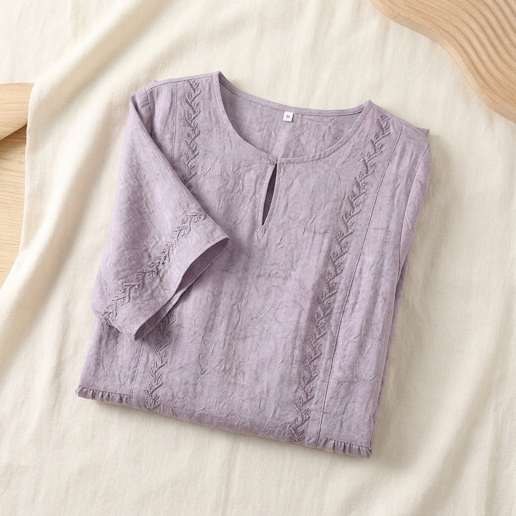 Robe Longue en Soie & Lin — Col Rond Manches Courtes Coupe A Femme - coloris lavande | StudioSoie