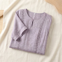Robe Longue en Soie & Lin — Col Rond Manches Courtes Coupe A Femme - coloris lavande | StudioSoie