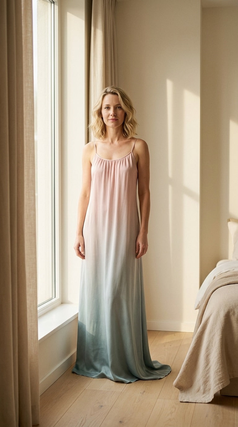 Robe Nuisette en Soie de Mûrier — Dégradé Coupe A Sans Manches Femme — silhouette entière | StudioSoie