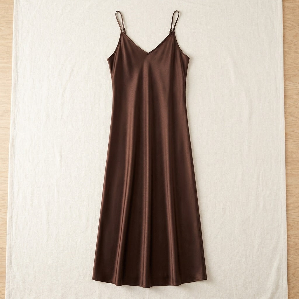 Robe Longue en Soie de Mûrier 21 Momme — Col V Bretelles Réglables 17 Coloris Femme - coloris cafe | StudioSoie