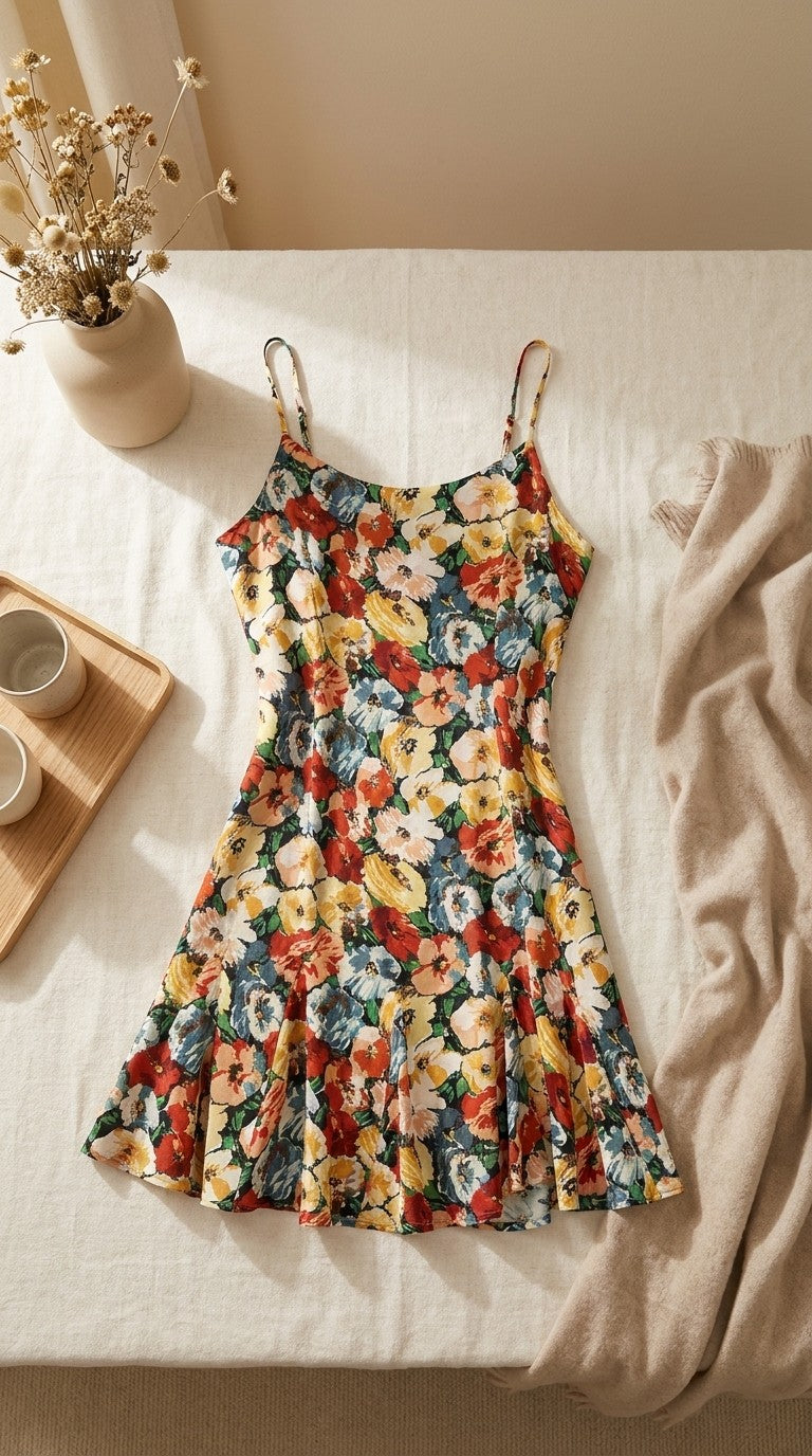 Mini robe en soie de mûrier coupe biais imprimé floral — à plat sur lin | StudioSoie