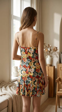 Mini robe en soie de mûrier coupe biais imprimé floral — vue de dos | StudioSoie