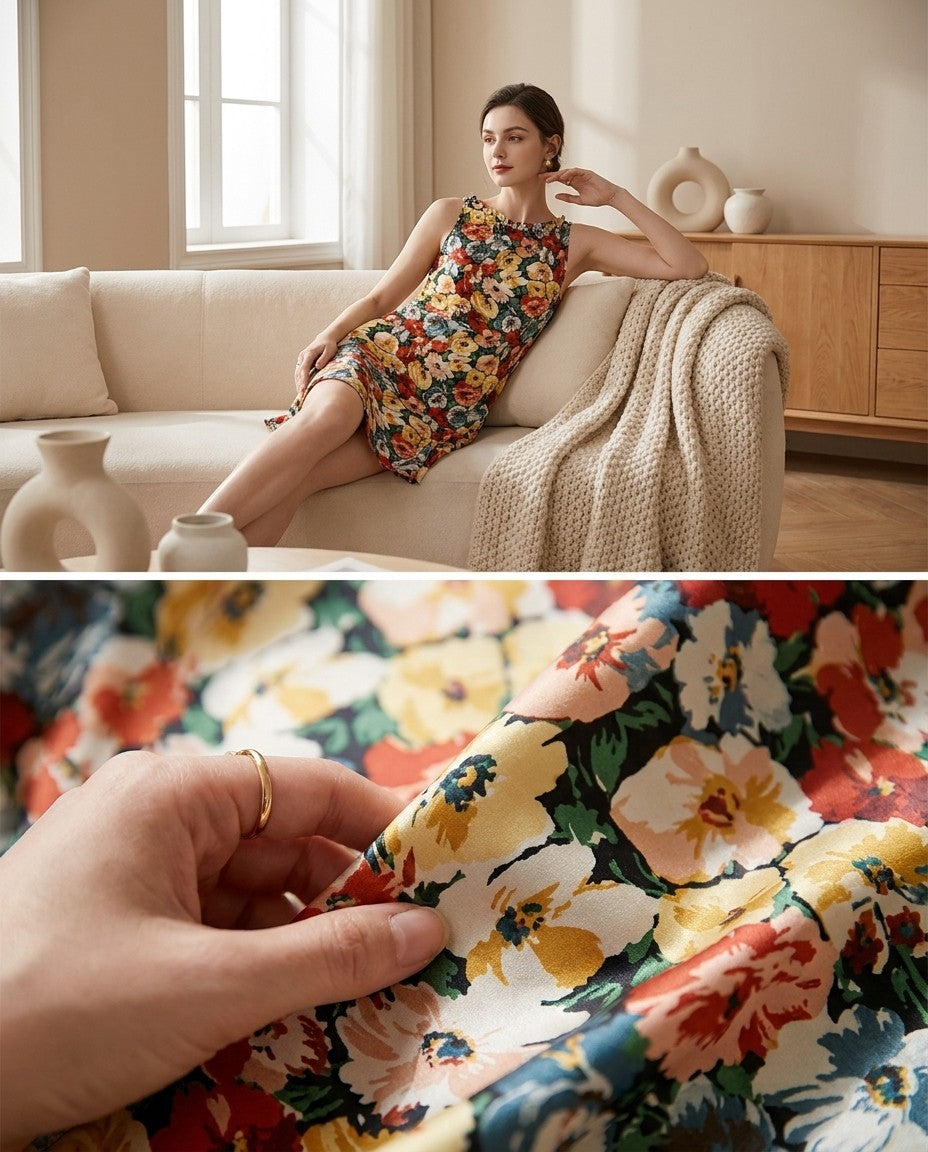 Mini robe en soie de mûrier coupe biais imprimé floral — détail de la matière | StudioSoie