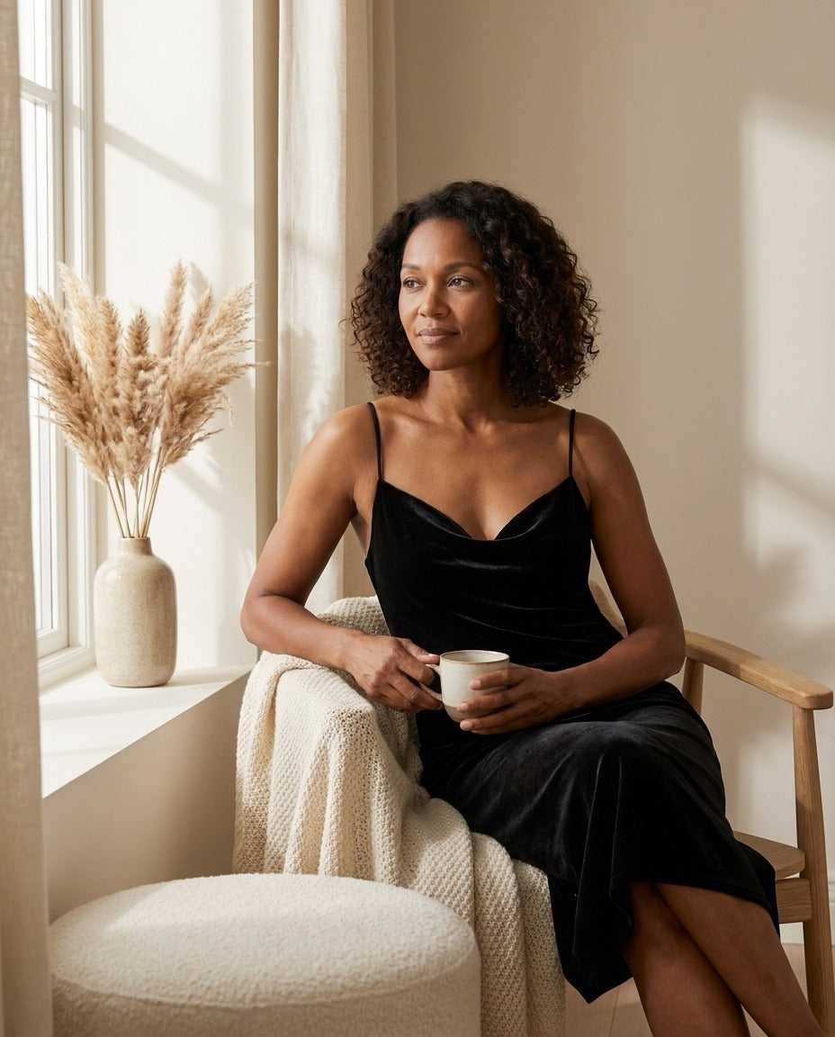 Robe en Velours de Soie 100 % — Bretelles Fines Col Drapé Noire Femme — portée en intérieur | StudioSoie