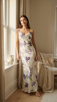 Robe longue en soie de mûrier coupe biais imprimé floral — silhouette complète | StudioSoie