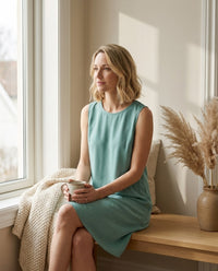 Mini Robe en Crêpe de Chine de Soie 100 % — Sans Manches 7 Coloris Femme — portée en intérieur | StudioSoie