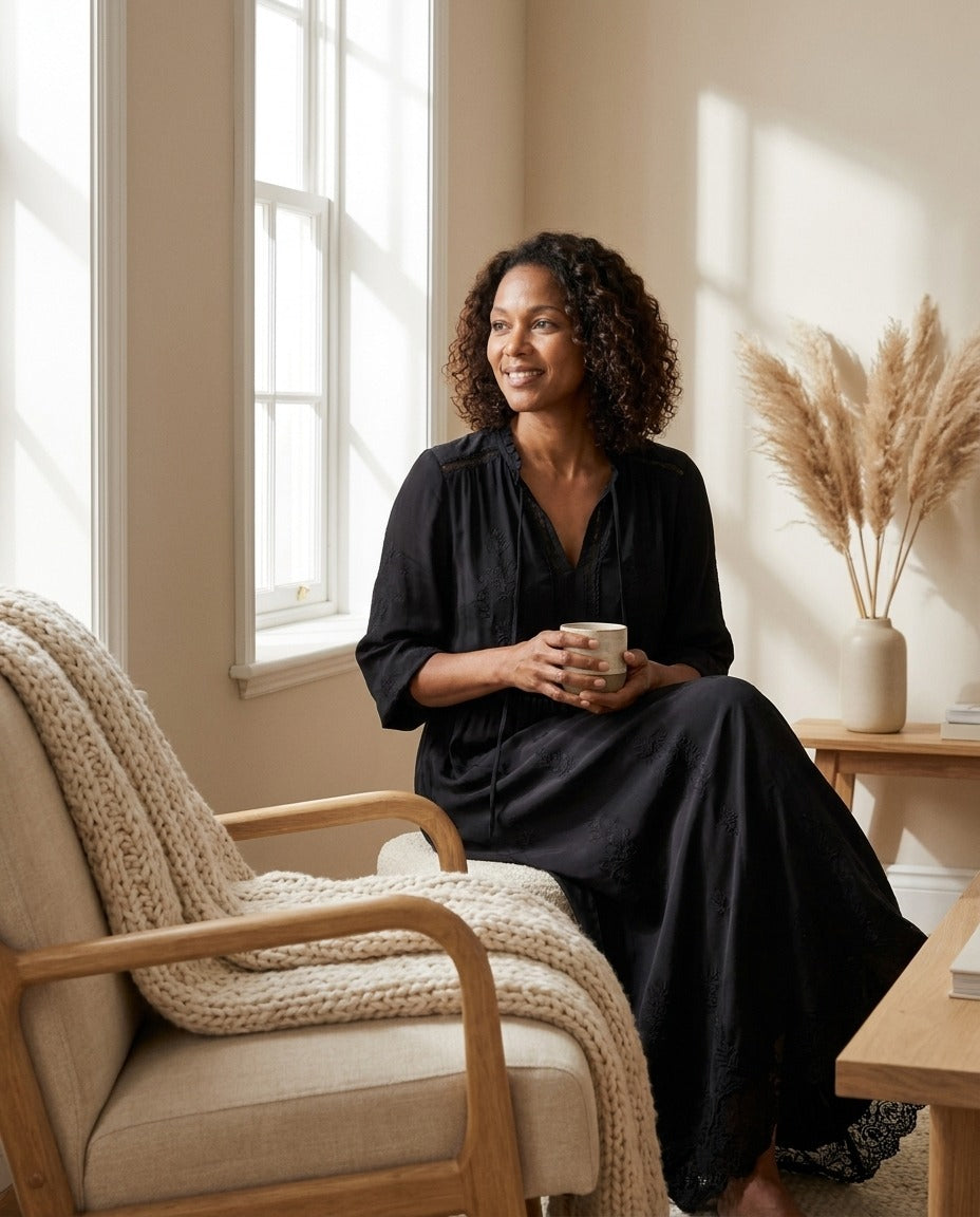 Robe en Soie de Mûrier 100 % — Col V Manches 3/4 Brodée Noire Femme — portée en intérieur | StudioSoie