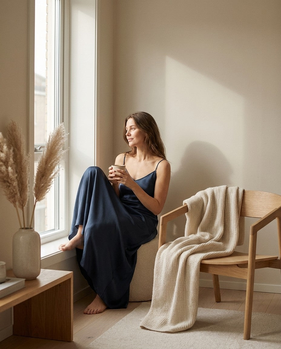 Robe longue unie en soie de mûrier — porté en situation | StudioSoie