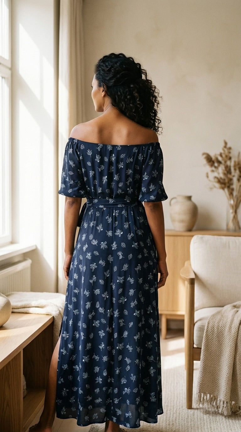 Robe Longue en Double Georgette de Soie — Épaules Dénudées Ceinturée Femme — vue de dos | StudioSoie