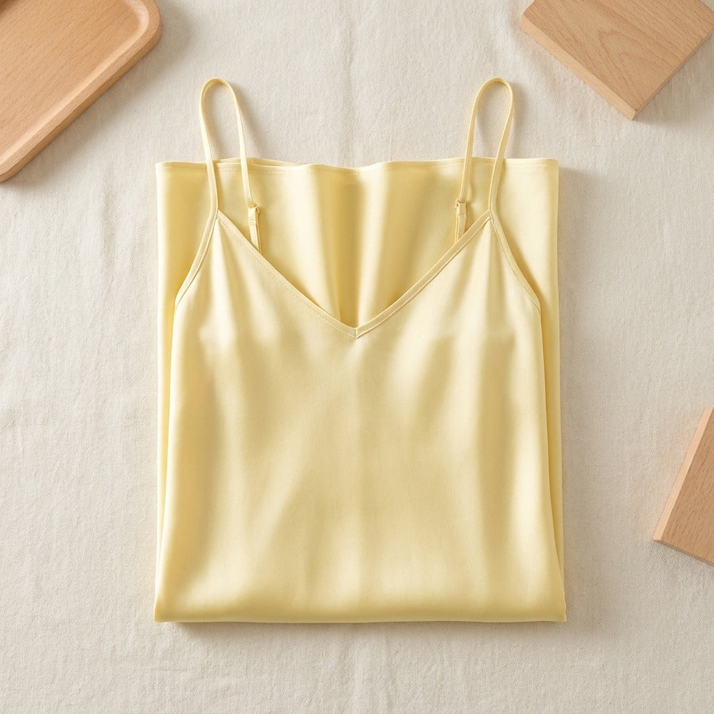 Robe Longue en Soie de Mûrier 21 Momme — Col V Bretelles Réglables 17 Coloris Femme - coloris jaune-pale | StudioSoie