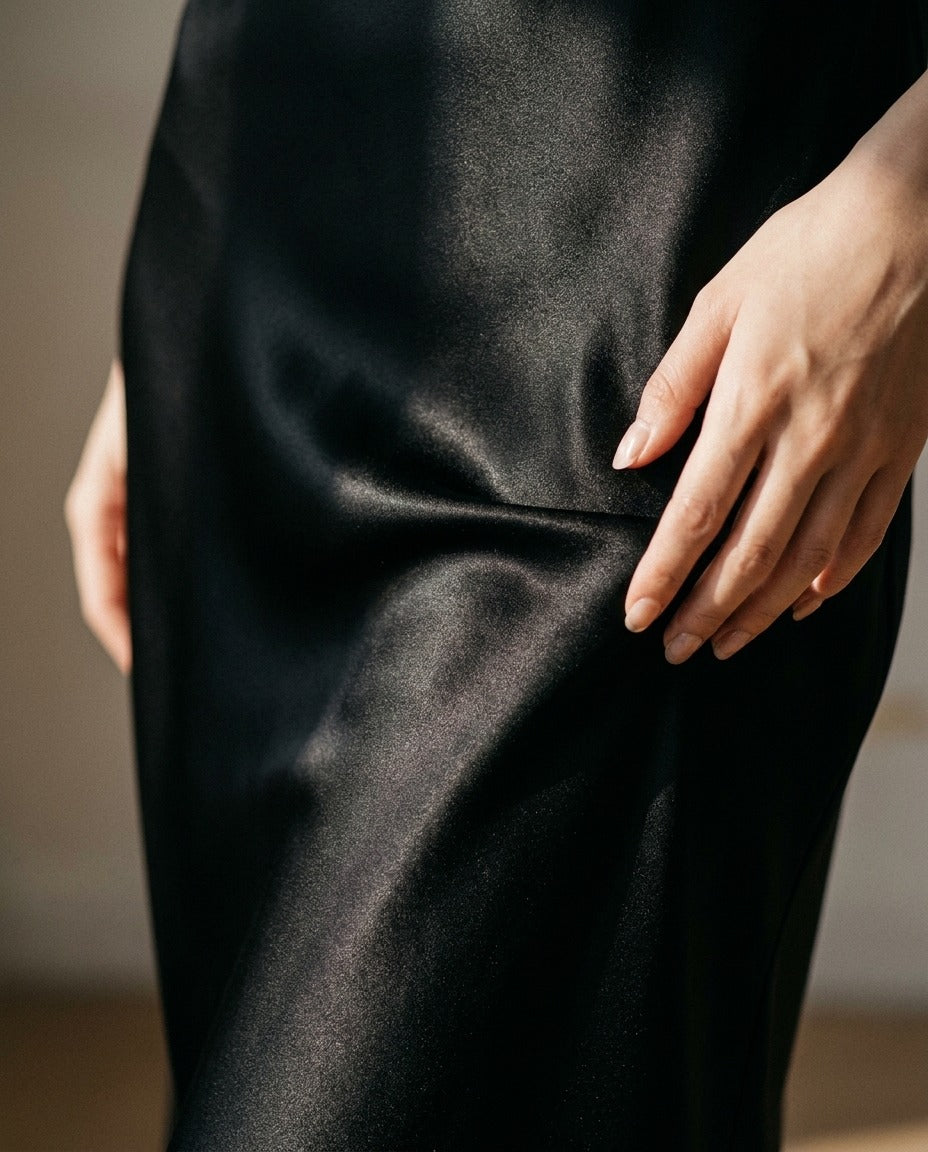Robe Longue en Soie de Mûrier 21 Momme — Col V Bretelles Réglables 17 Coloris Femme — gros plan sur la matière | StudioSoie