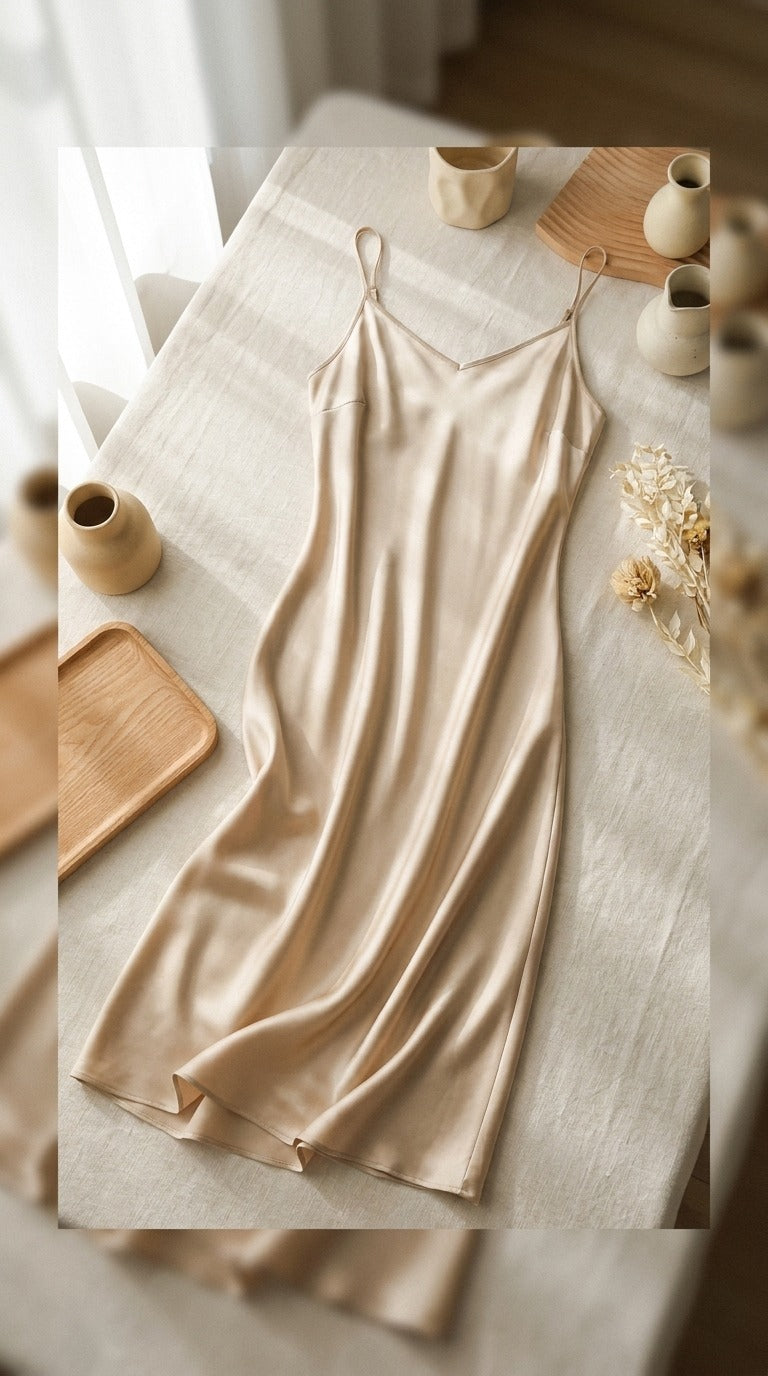 Robe Mi-Longue en Soie de Mûrier 21 Momme — Col V Coupe Biais 14 Coloris Femme — à plat sur lin | StudioSoie