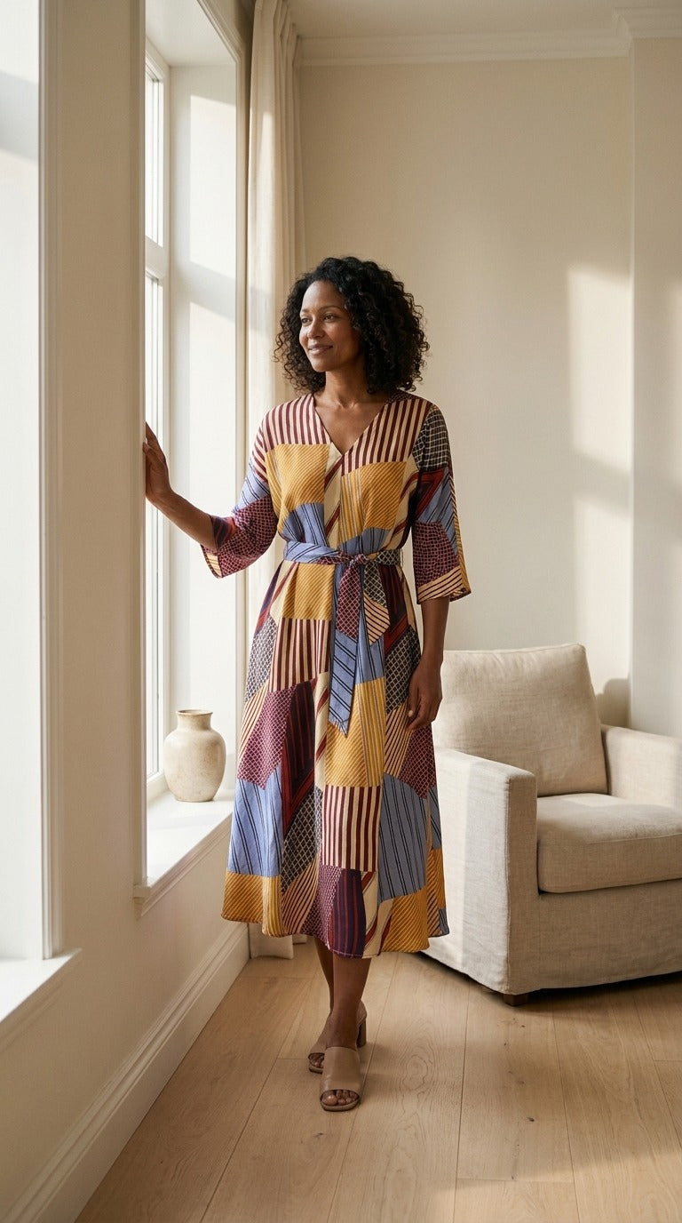 Robe Mi-Longue en Soie de Mûrier 100 % — Col V Ceinturée Imprimé Patchwork Femme — silhouette entière | StudioSoie