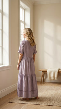 Robe Longue en Soie & Lin — Col Rond Manches Courtes Coupe A Femme — vue de dos | StudioSoie