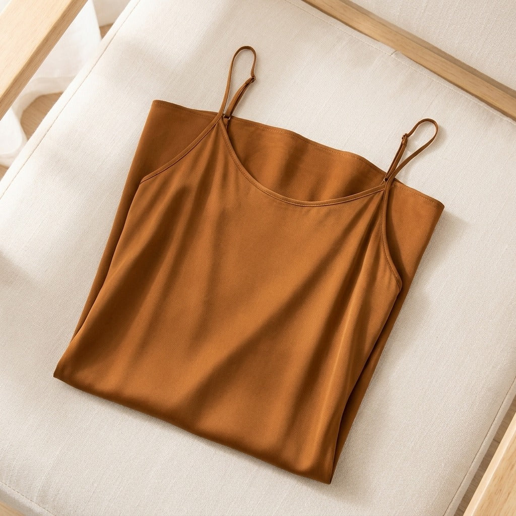 Robe Mi-Longue en Soie 93 % — Bretelles Fines 11 Coloris Femme - coloris caramel | StudioSoie