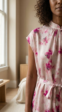 Robe Longue en Soie de Mûrier — Col Officier Ceinturée Fleurs de Cerisier Femme — détail du décolleté | StudioSoie