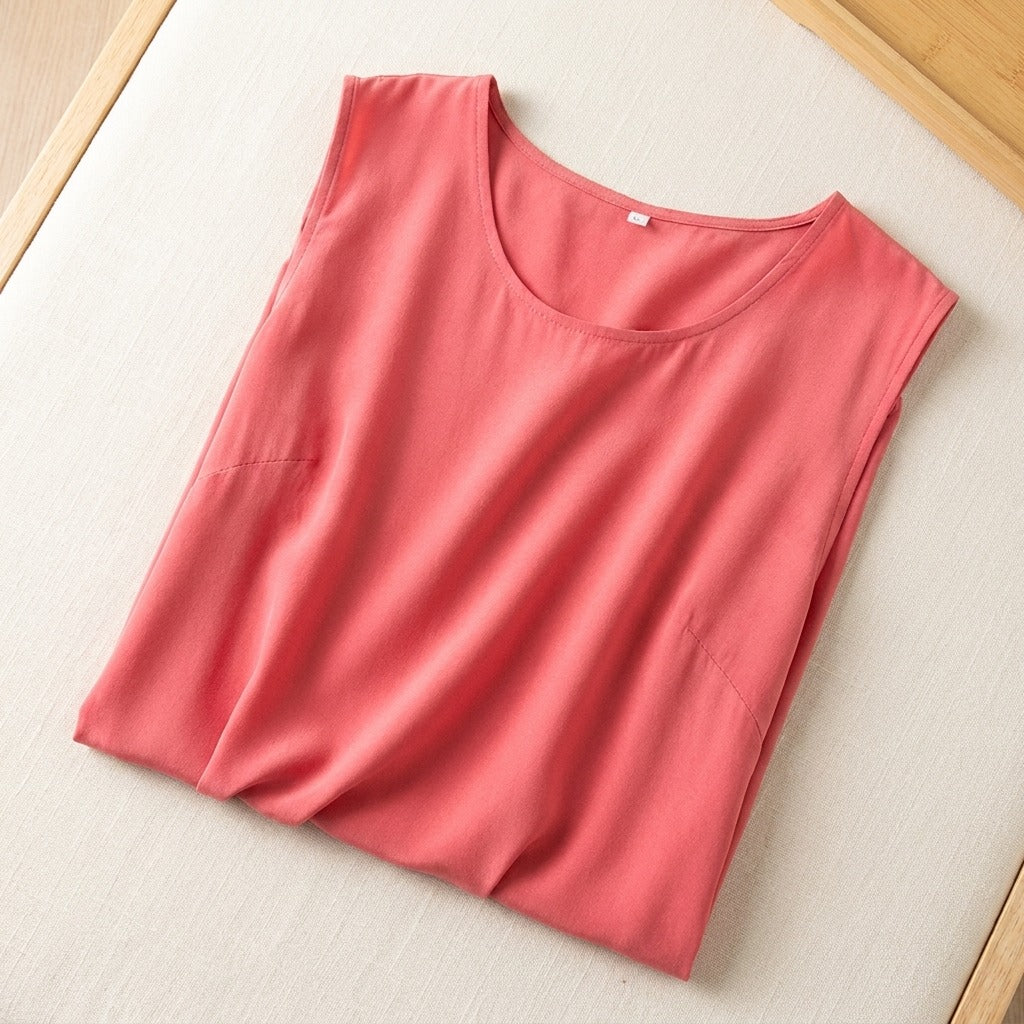 Mini Robe en Crêpe de Chine de Soie 100 % — Sans Manches 7 Coloris Femme - coloris rose-orange | StudioSoie