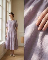 Robe Longue en Soie & Lin — Col Rond Manches Courtes Coupe A Femme — gros plan sur la matière | StudioSoie
