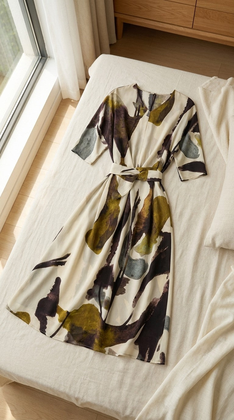 Robe midi en soie de mûrier col V ceinturée — à plat sur lin | StudioSoie