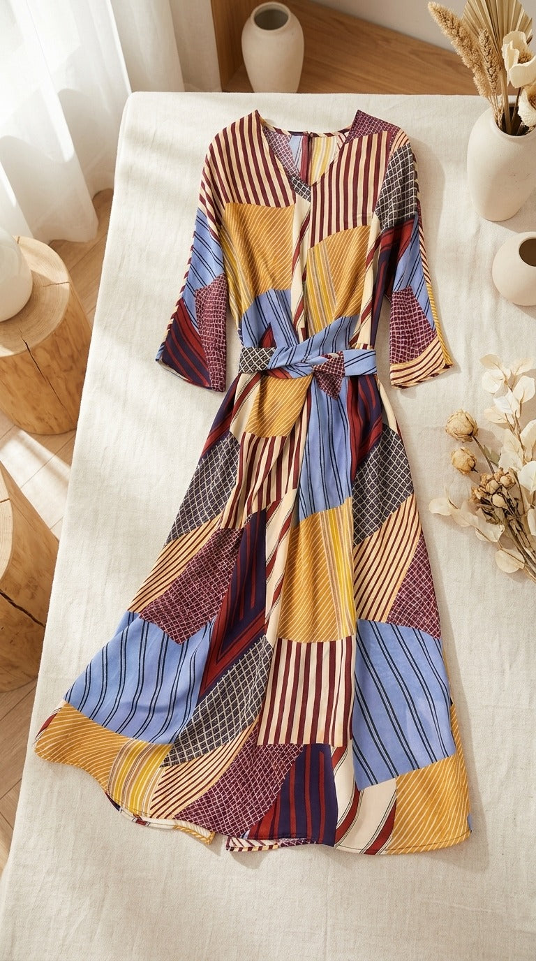 Robe Mi-Longue en Soie de Mûrier 100 % — Col V Ceinturée Imprimé Patchwork Femme — à plat sur lin | StudioSoie