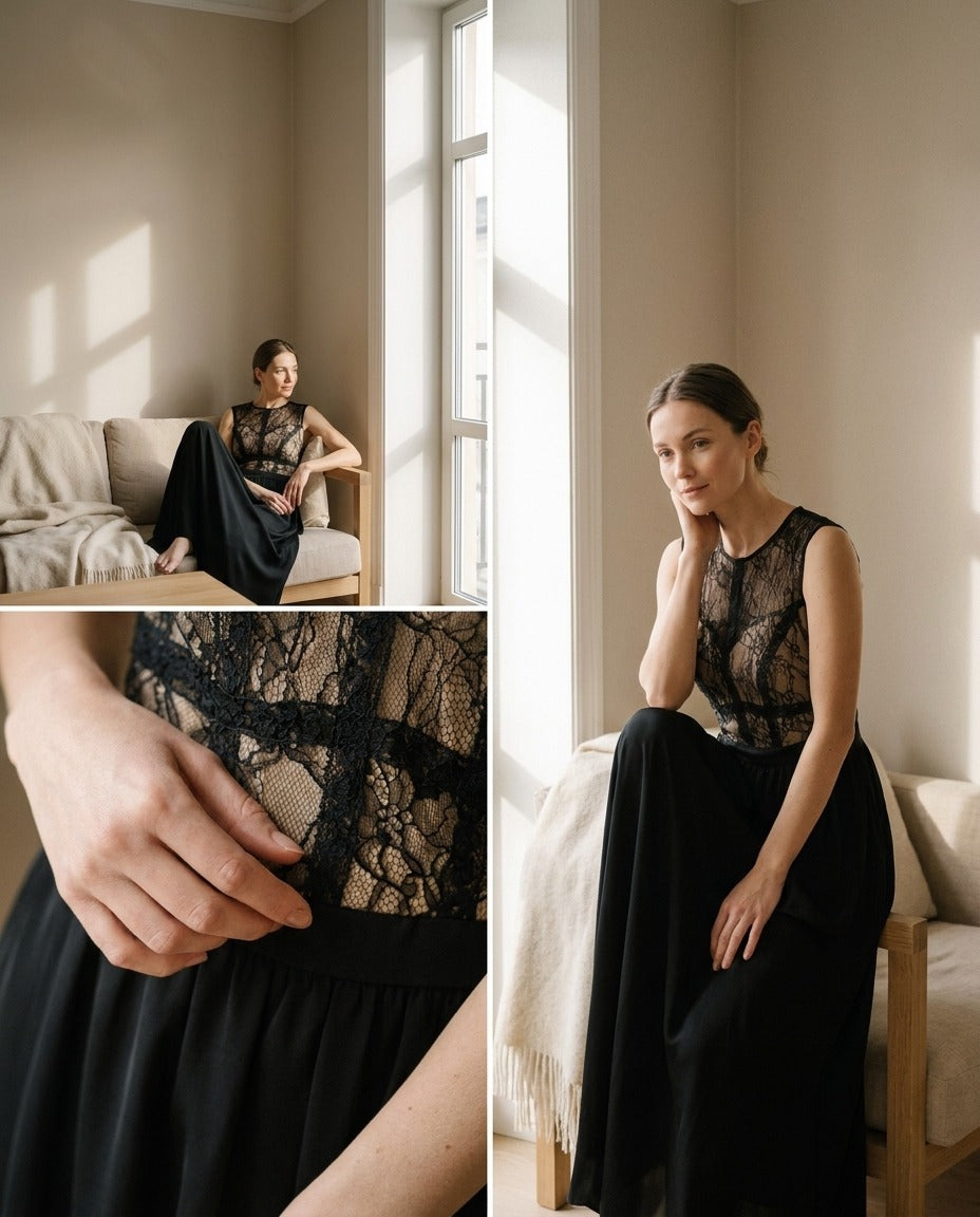 Robe Longue à Empiècement de Dentelle — Sans Manches Femme — gros plan sur la matière | StudioSoie
