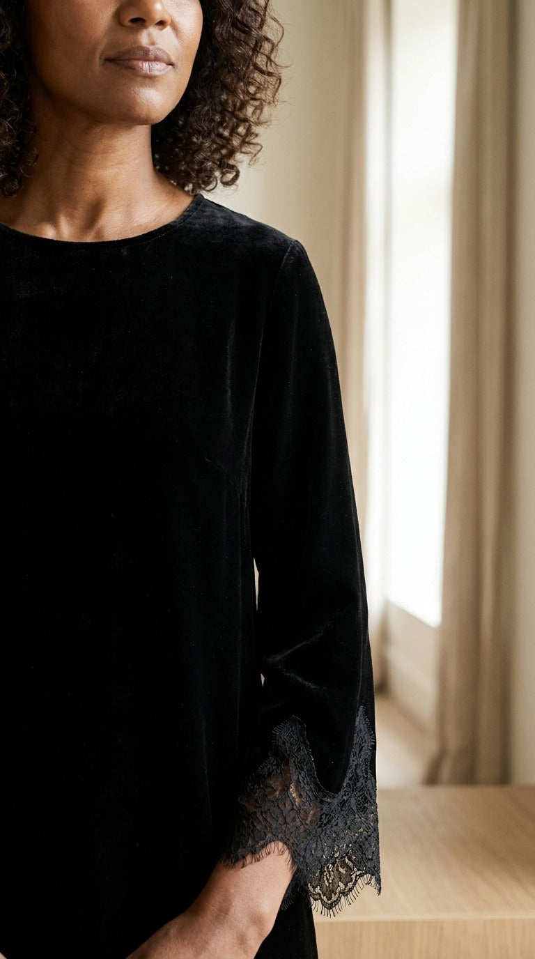 Robe Midi en Velours de Soie 100 % — Col Rond Bordée de Dentelle Femme — détail du décolleté | StudioSoie