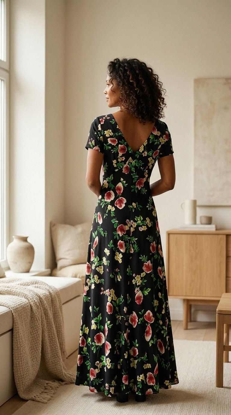 Robe Longue en Crêpe de Soie 100 % — Col V Imprimé Floral Femme — vue de dos | StudioSoie