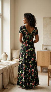 Robe Longue en Crêpe de Soie 100 % — Col V Imprimé Floral Femme — vue de dos | StudioSoie