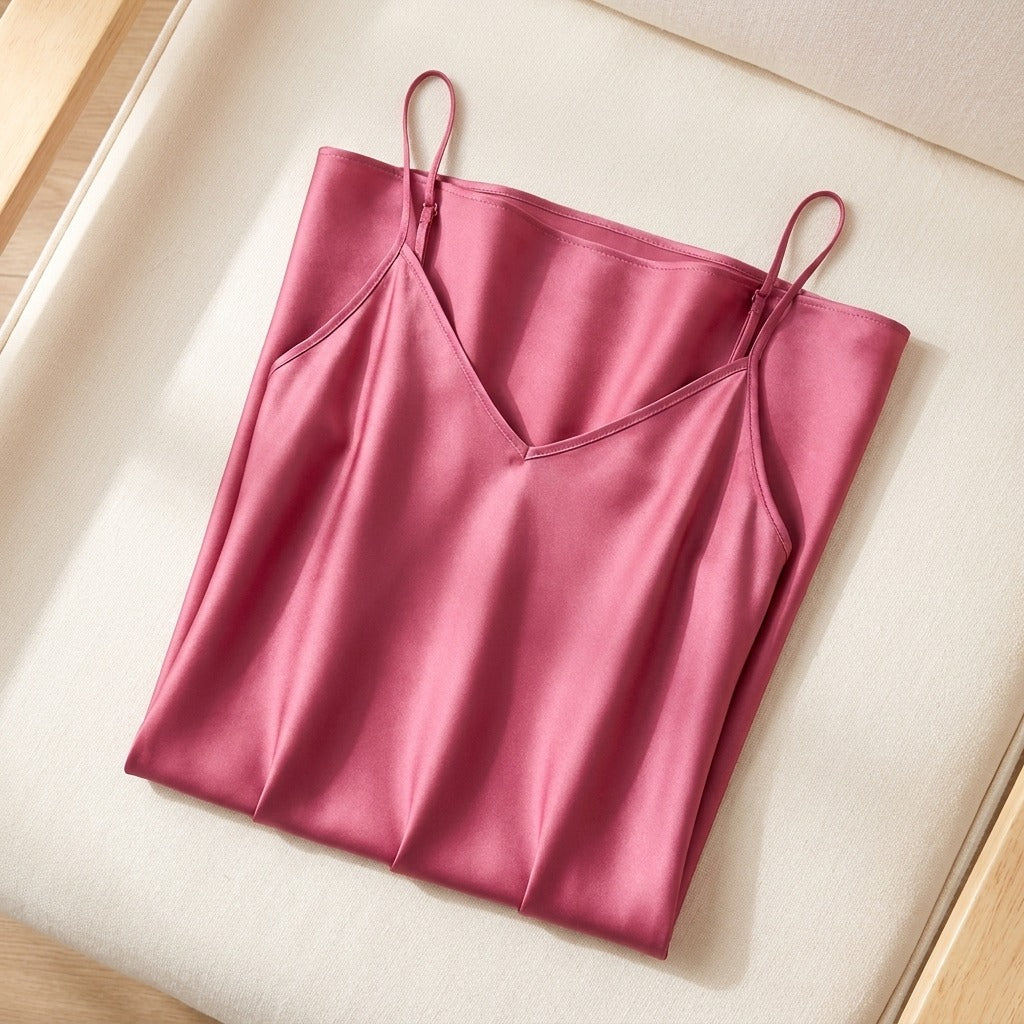 Robe Longue en Soie de Mûrier 21 Momme — Col V Bretelles Réglables 17 Coloris Femme - coloris rose-cerisier | StudioSoie