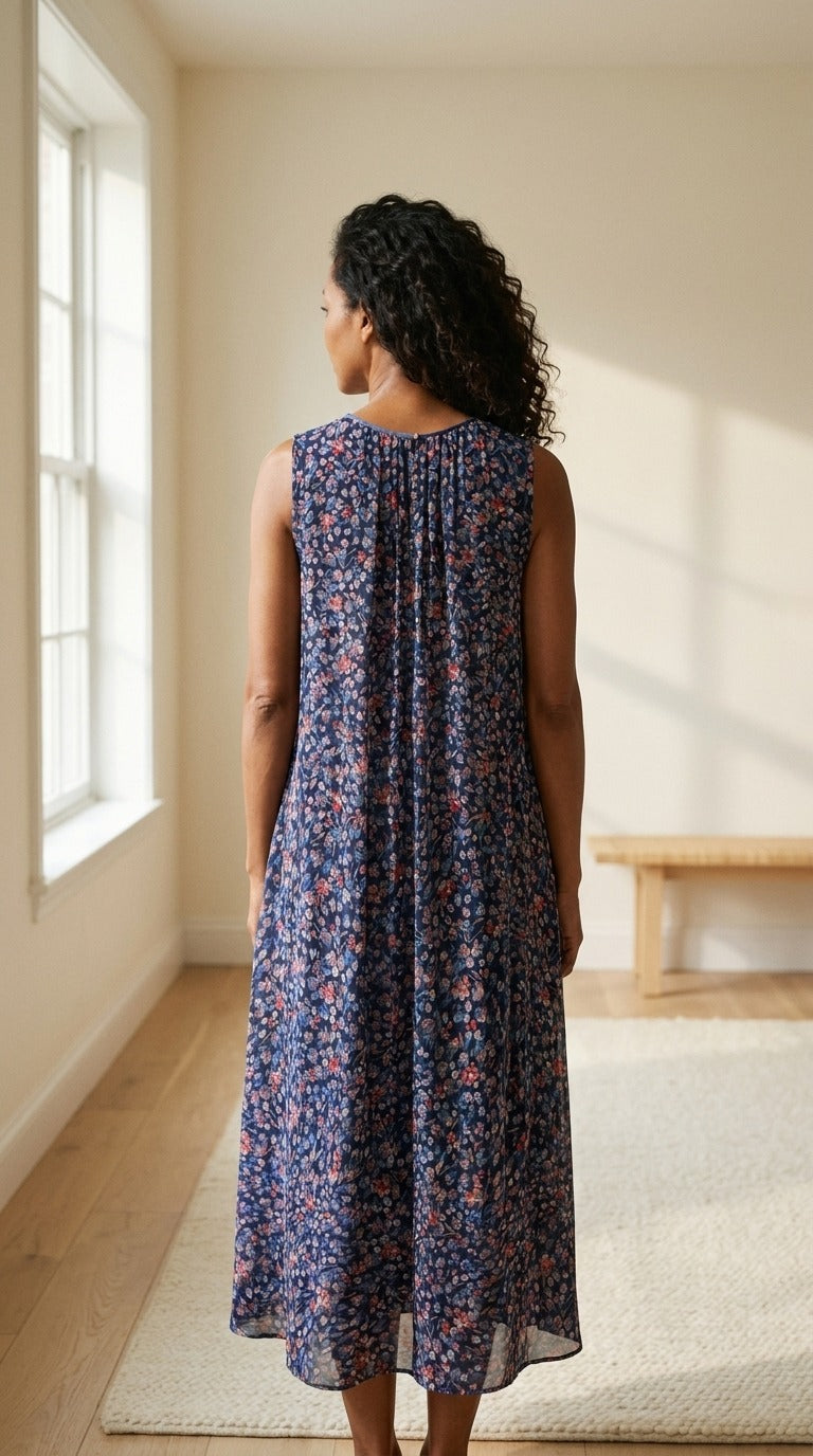 Robe Midi en Georgette de Soie — Double Épaisseur Imprimé Floral Femme — vue de dos | StudioSoie