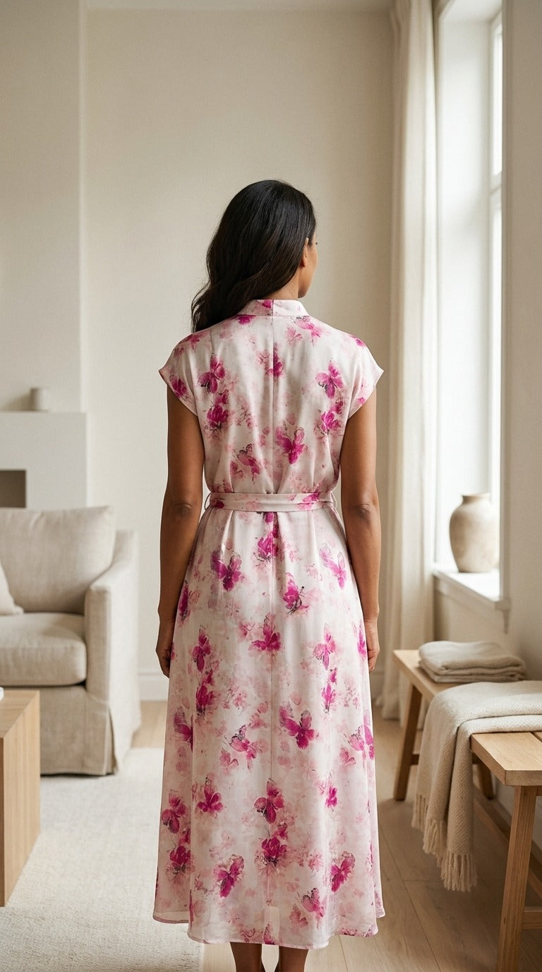 Robe Longue en Soie de Mûrier — Col Officier Ceinturée Fleurs de Cerisier Femme — vue de dos | StudioSoie