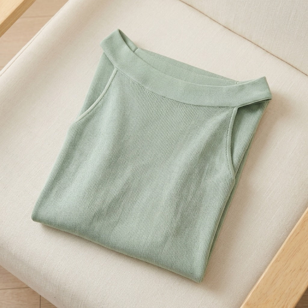 Robe Mi-Longue en Maille de Soie — Dos Nu Épaules Dénudées Femme - coloris vert-clair | StudioSoie