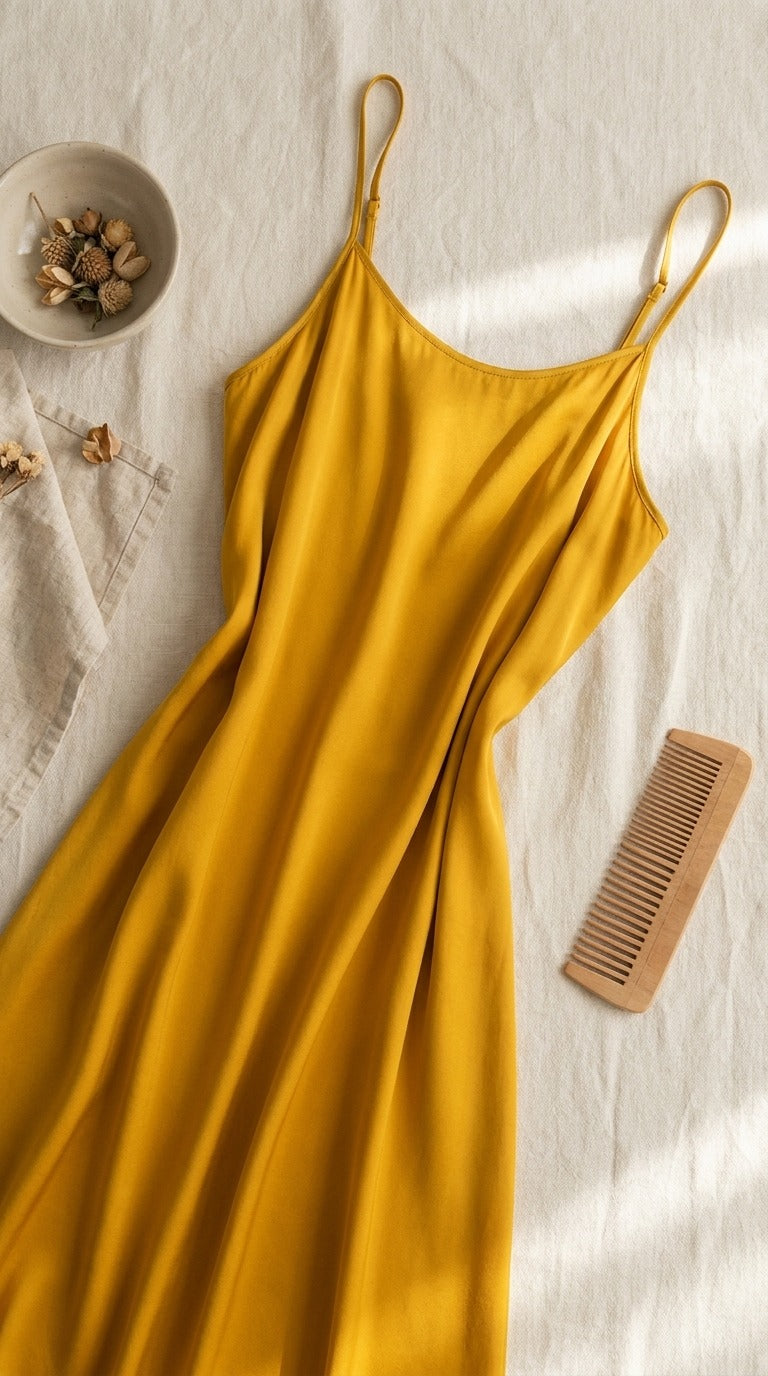 Robe Mi-Longue en Soie 93 % — Bretelles Fines 11 Coloris Femme — à plat sur lin | StudioSoie