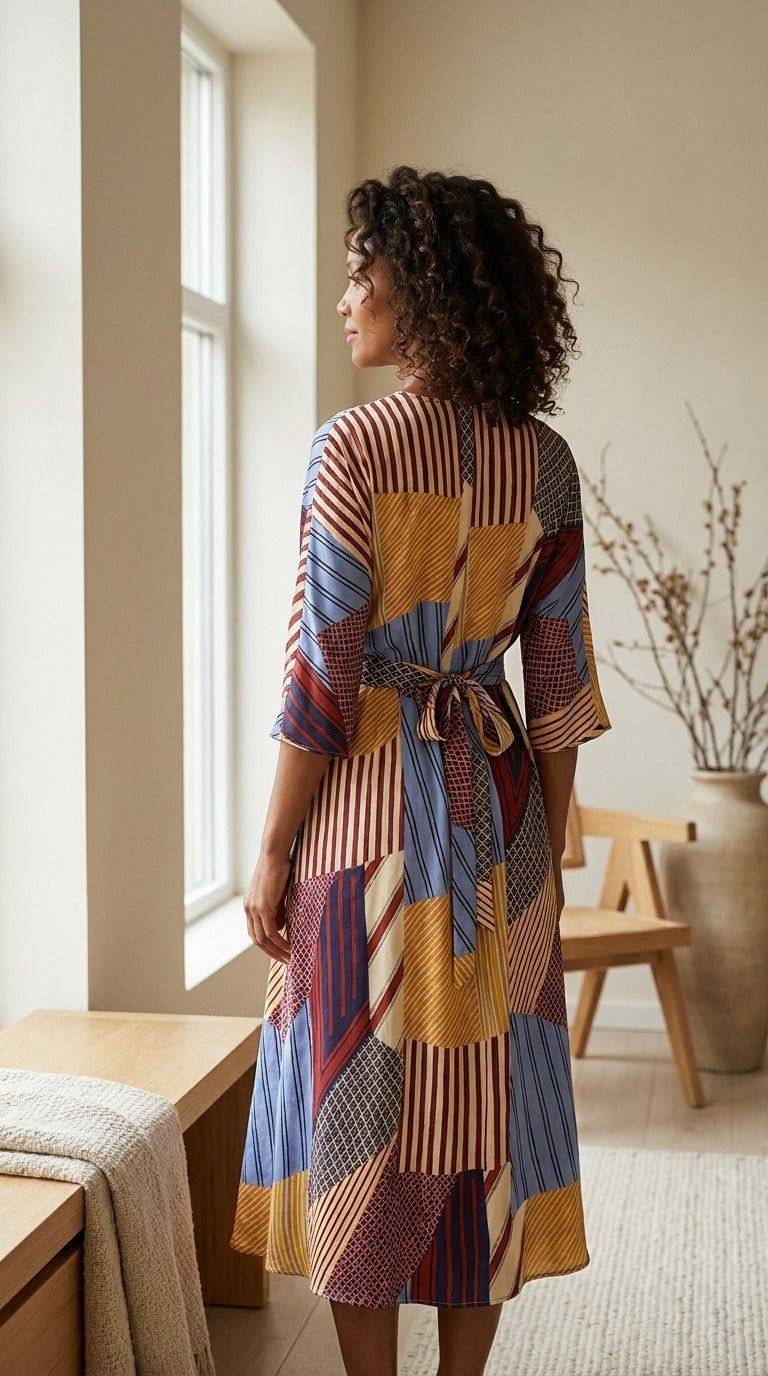 Robe Mi-Longue en Soie de Mûrier 100 % — Col V Ceinturée Imprimé Patchwork Femme — vue de dos | StudioSoie